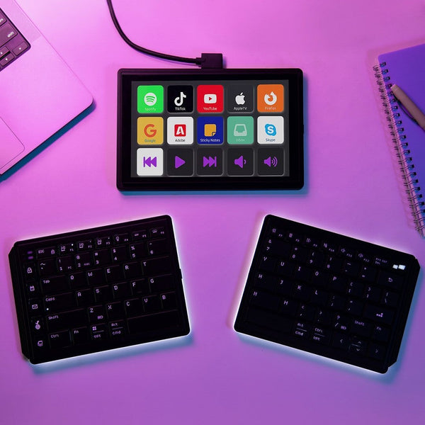 Bàn phím Tetra, Bố cục chia tách công thái học, Tích hợp màn hình cảm ứng 8 inch, Kết nối không dây Bluetooth