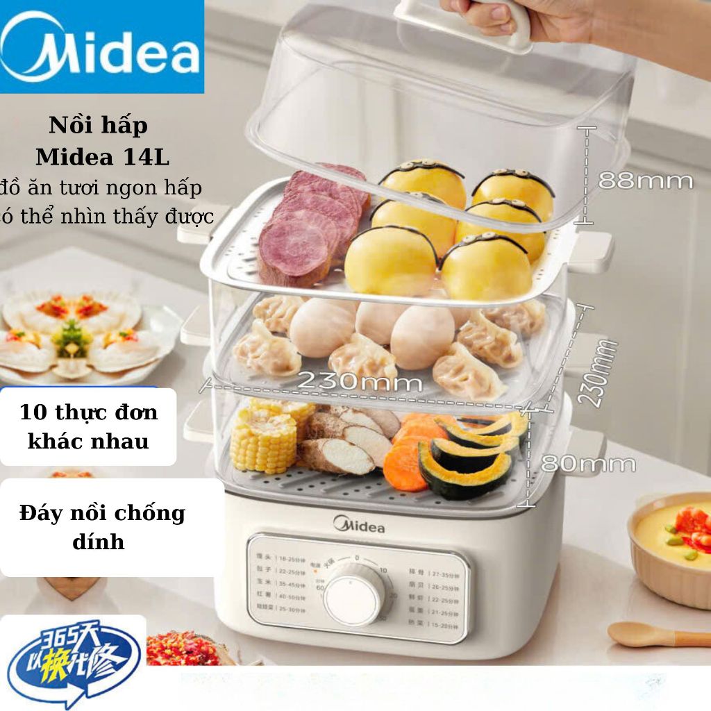 Nồi Hấp Đa Năng Midea 10,8L - Đáy Chống Dính 3 Tầng Nấu Luộc Hấp